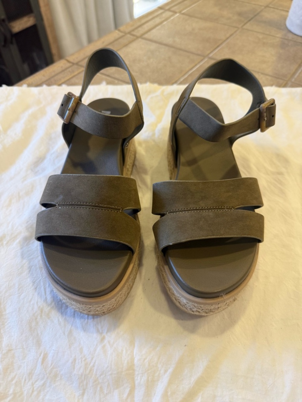 MIA Olive Suede Platform Wedge Sandals with Ankle Strap